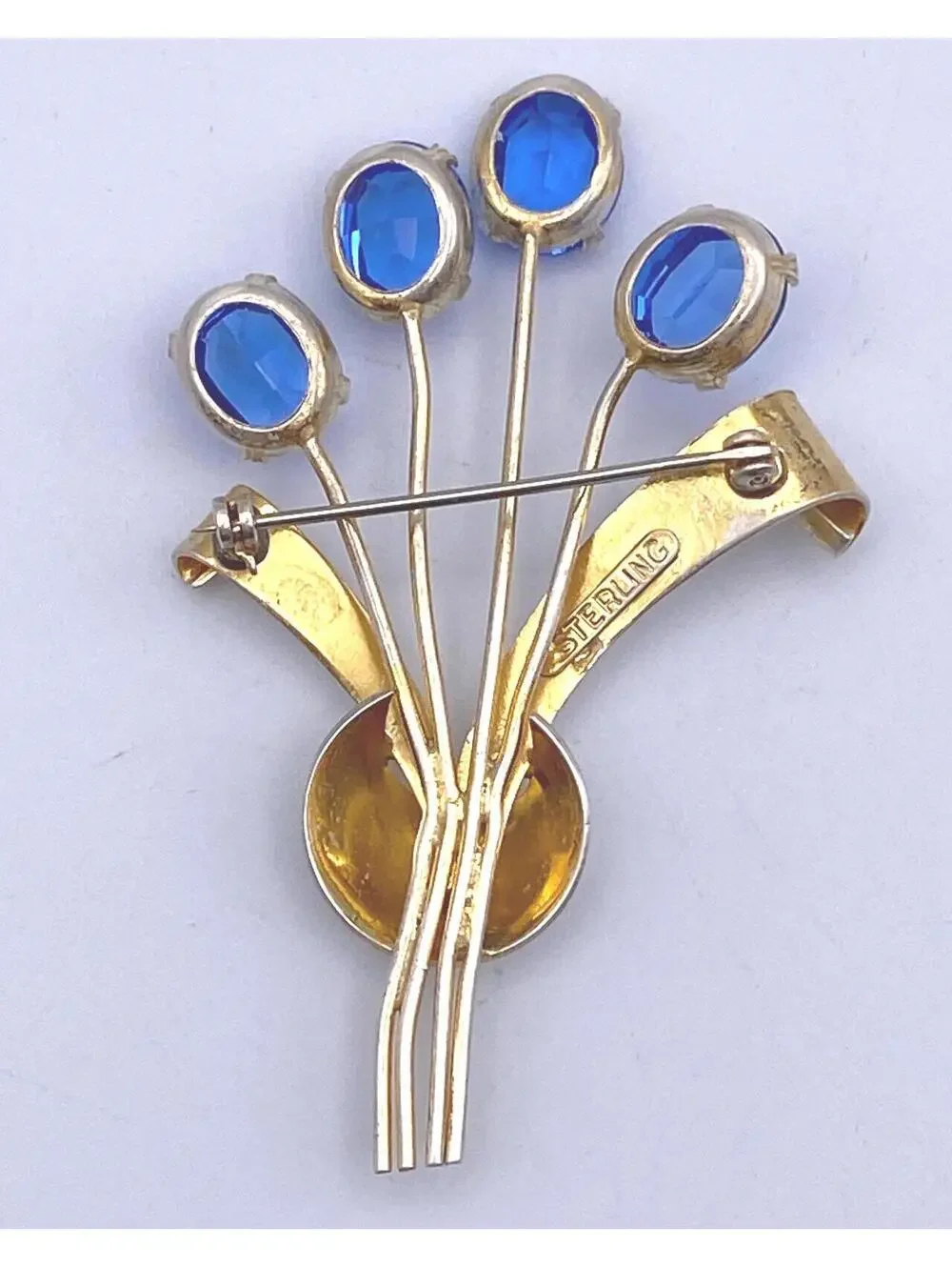 Vintage Gilt Sterling Silver & Cobalt Blue Glass Flower Brooch, Signed STERLING.